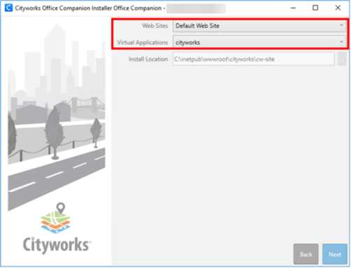Screenshot of the Cityworks Office Companion Installer displaying configuration fields for Web Site (&ldquo;Default Web Site&rdquo;), Virtual Application (&ldquo;cityworks&rdquo;), and Install Location (&ldquo;C:\inetpub\wwwroot\cityworks\cw-site&rdquo;), with Back and Next buttons at the bottom and Cityworks branding on the left.