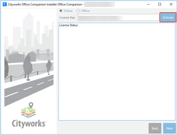 Screenshot of the Cityworks Office Companion Installer displaying Online and Offline activation choices, a License Key input field with an &ldquo;Activate&rdquo; button beside it, an empty License Status section, and Back/Next buttons at the bottom, with a grayscale cityscape illustration on the left.