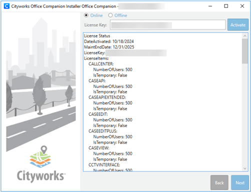  Screenshot of the Cityworks Office Companion Installer showing Online and Offline activation options, a License Key field with an Activate button and a License Status panel listing activation and maintenance dates along with multiple licensed items and user counts. Back and Next buttons appear at the bottom beside a cityscape illustration.