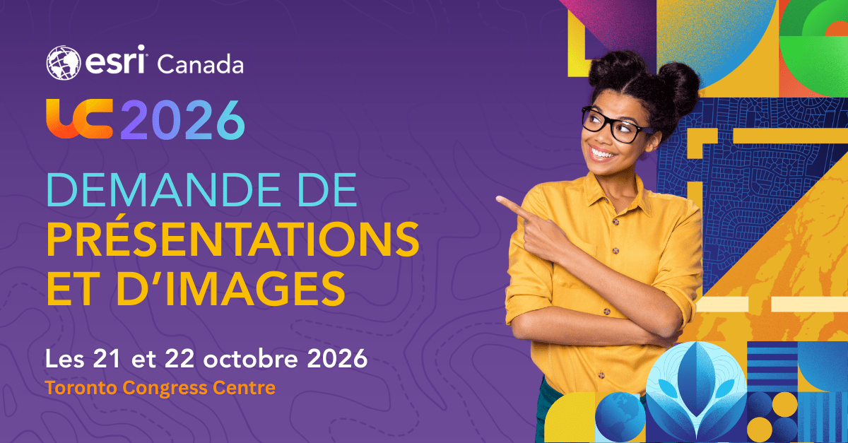 Une illustration professionnelle annonçant la Conférence des utilisateurs 2026 d’Esri Canada, mettant en vedette une personne portant un chandail jaune et pointant vers la gauche. Le texte indique « Demande de présentations et d’images » (pour l’événement qui aura lieu les 21 et 22 octobre au Centre des congrès de Toronto).