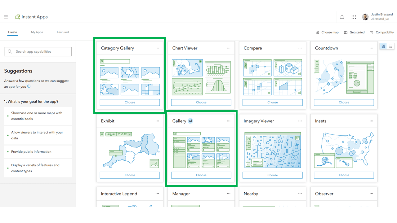 ArcGIS Instant apps has been opened and the Gallery and Category Gallery templates are highlighted.