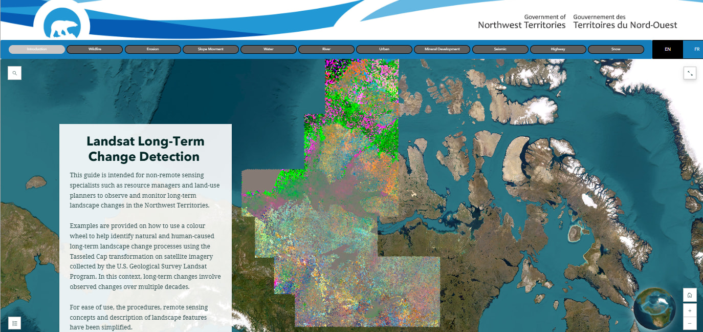 Screenshot of the Introduction tab in the Landsat Long-Term Change Detection web experience where the left panel shows instructions (titled “How to Use this Guide”) and the web map on the right has the legend open.