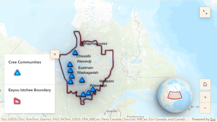 Map showing the Eeyou Istchee territory in northern Qu&eacute;bec outlined in red, with blue markers indicating Cree communities. Boundary shown is approximate and not definitive.
