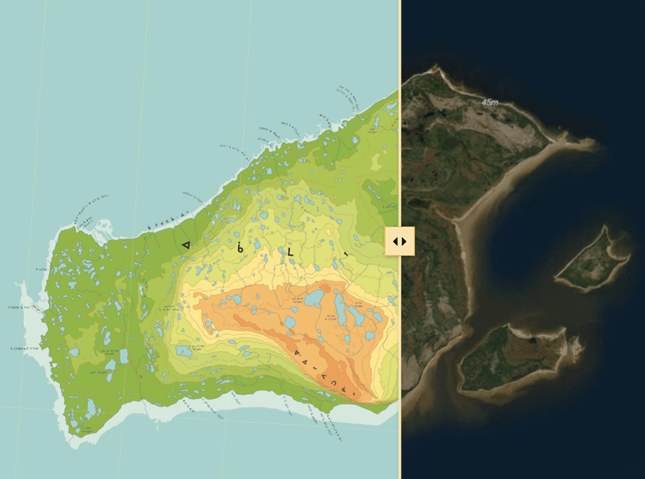 Split map view of a Cree Language Place Name map using the ArcGIS Swipe tool, with topographic mapping on one side and satellite imagery on the other.