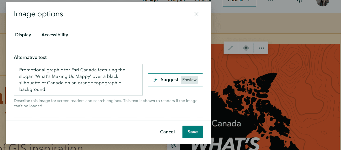 A screenshot showing the image options in ArcGIS StoryMaps. The accessibility page is displayed showing an alternative text option and the Suggest button.