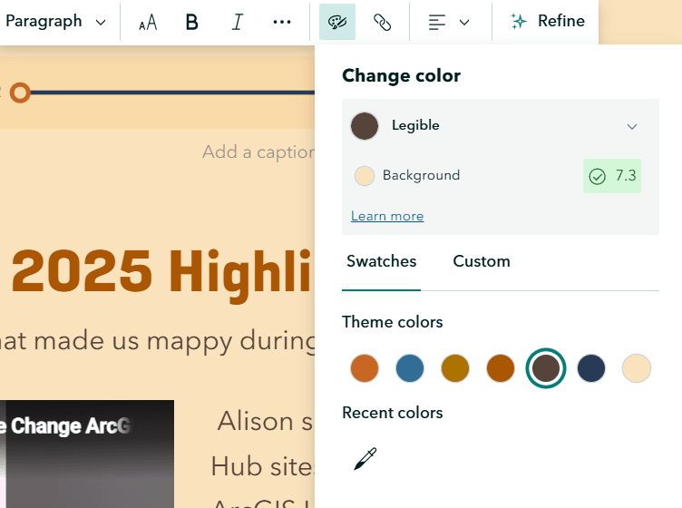 A screenshot showing a text editor's colour change tool with theme colour options and legibility check for text against background.