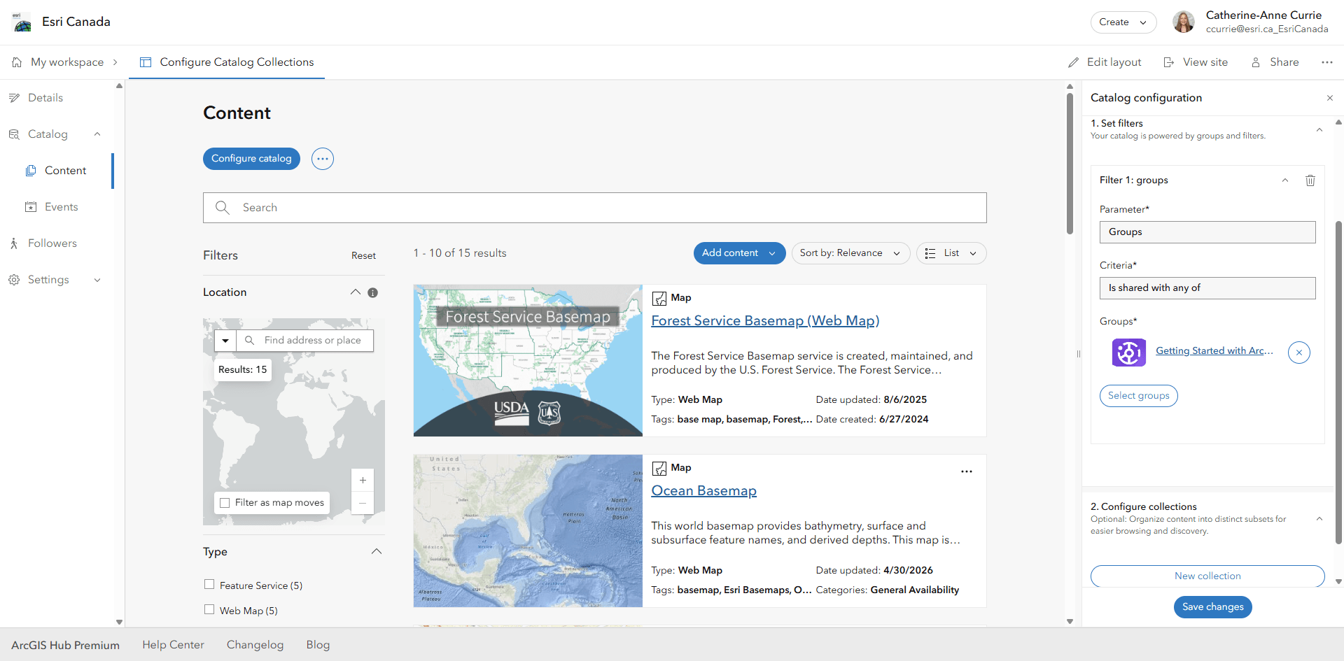 Page affichant le contenu du catalogue ArcGIS Hub.