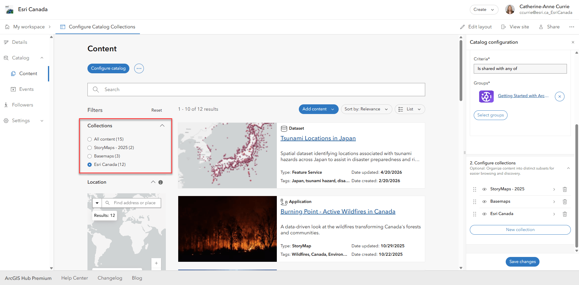 Page de contenu du catalogue ArcGIS Hub, dont l&rsquo;aper&ccedil;u met en &eacute;vidence les collections cr&eacute;&eacute;es.