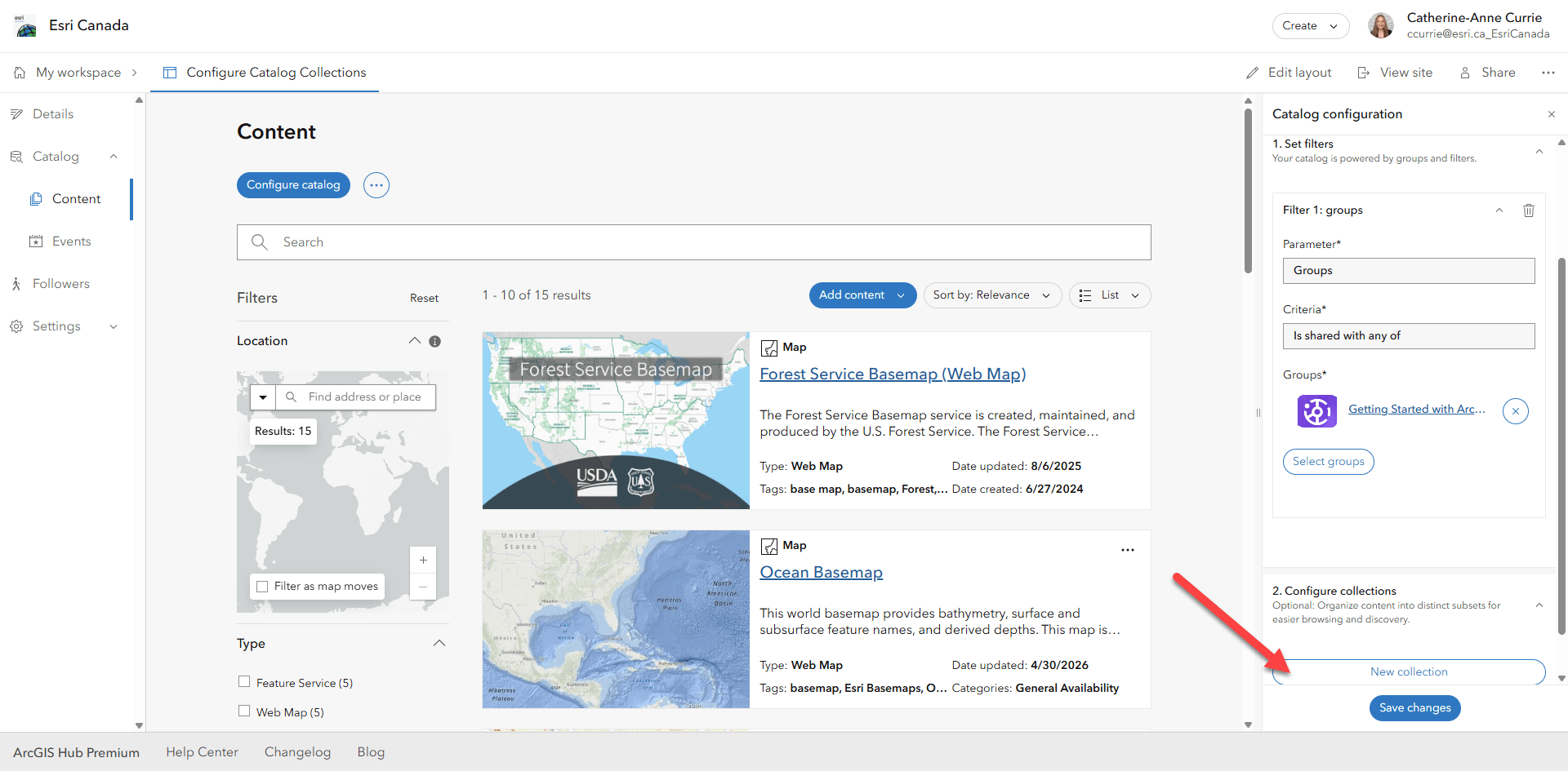 Page de contenu du catalogue ArcGIS Hub mettant en &eacute;vidence le bouton de nouvelle collection.