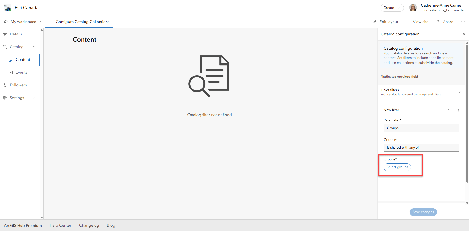Page de contenu du catalogue ArcGIS Hub montrant la page de configurations du catalogue et mettant en &eacute;vidence le bouton Select groups (choisir les groupes).