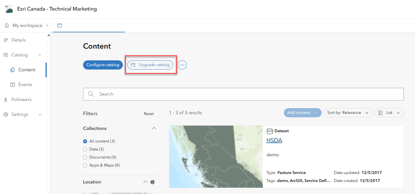 Page de contenu du catalogue d&rsquo;un site ArcGIS Hub cr&eacute;&eacute; avant juin 2025, mettant en &eacute;vidence le bouton de mise &agrave; niveau du catalogue.