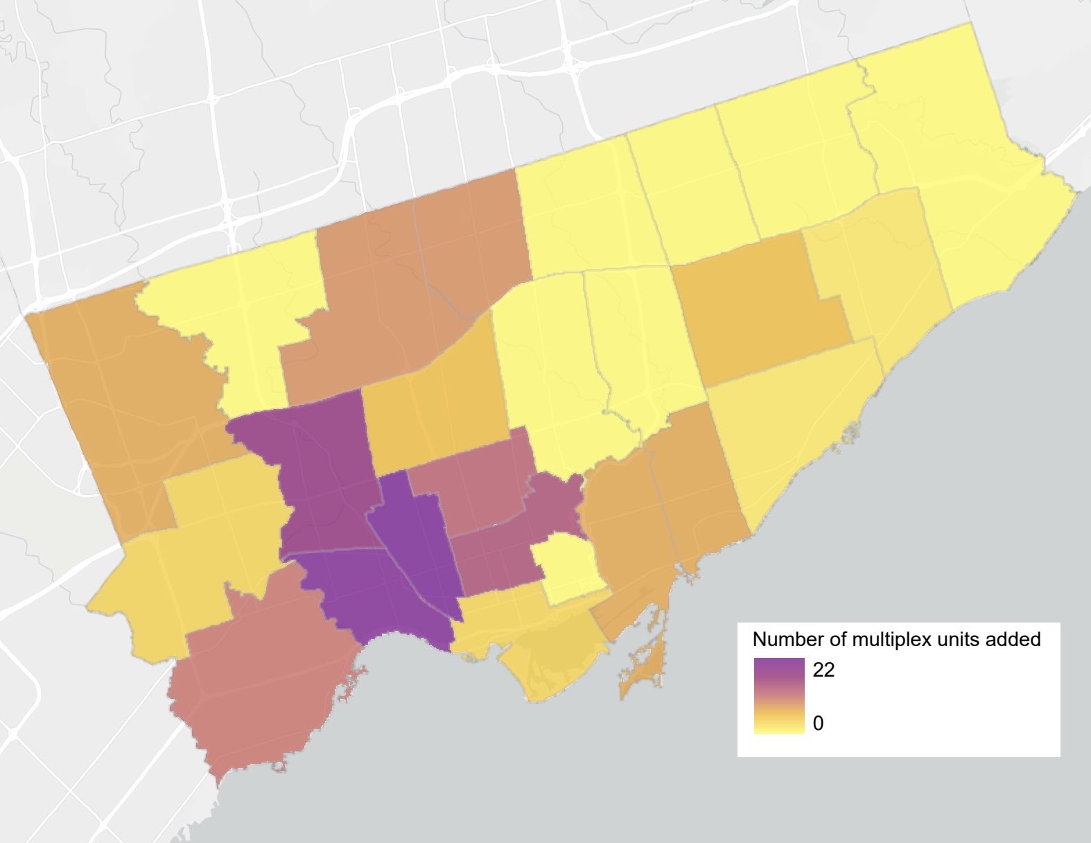 Map of completed multiplex units in Toronto, 2024.