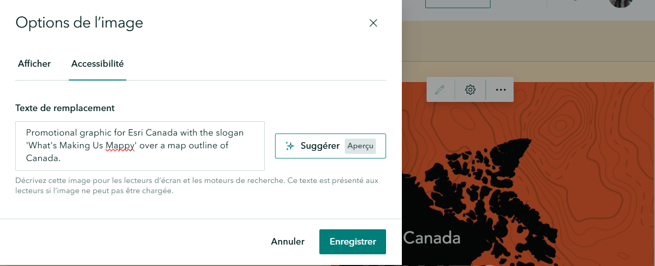 Capture d’écran montrant les options d’image dans ArcGIS StoryMaps. La page d’accessibilité est affichée et présente une option de texte de remplacement ainsi que le bouton Suggérer.