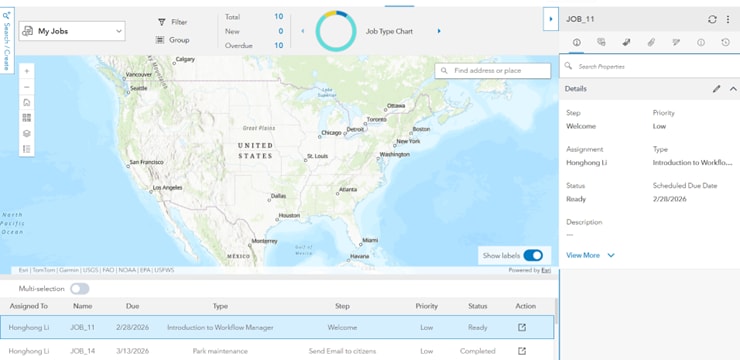 Screenshot of ArcGIS Workflow Manager showing a map, job list and job details panel.