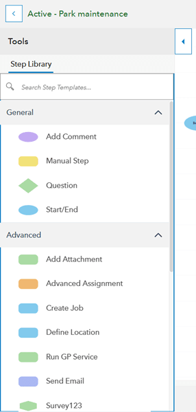 Panel displaying workflow step templates such as manual step, question, start/end and advanced tools.