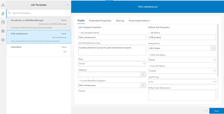 View of a job template in ArcGIS Workflow Manager.
