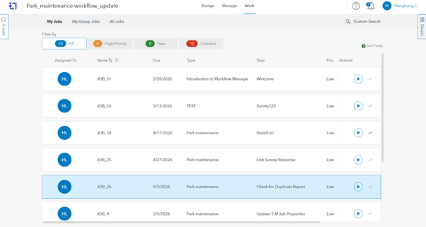 List of jobs in ArcGIS Workflow Manager with assigned users and progress status.