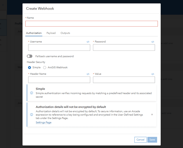 Form for creating a webhook in ArcGIS Workflow Manager with authorization and payload settings.