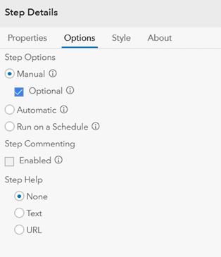 Panel displaying step options such as manual, automatic and scheduling settings.