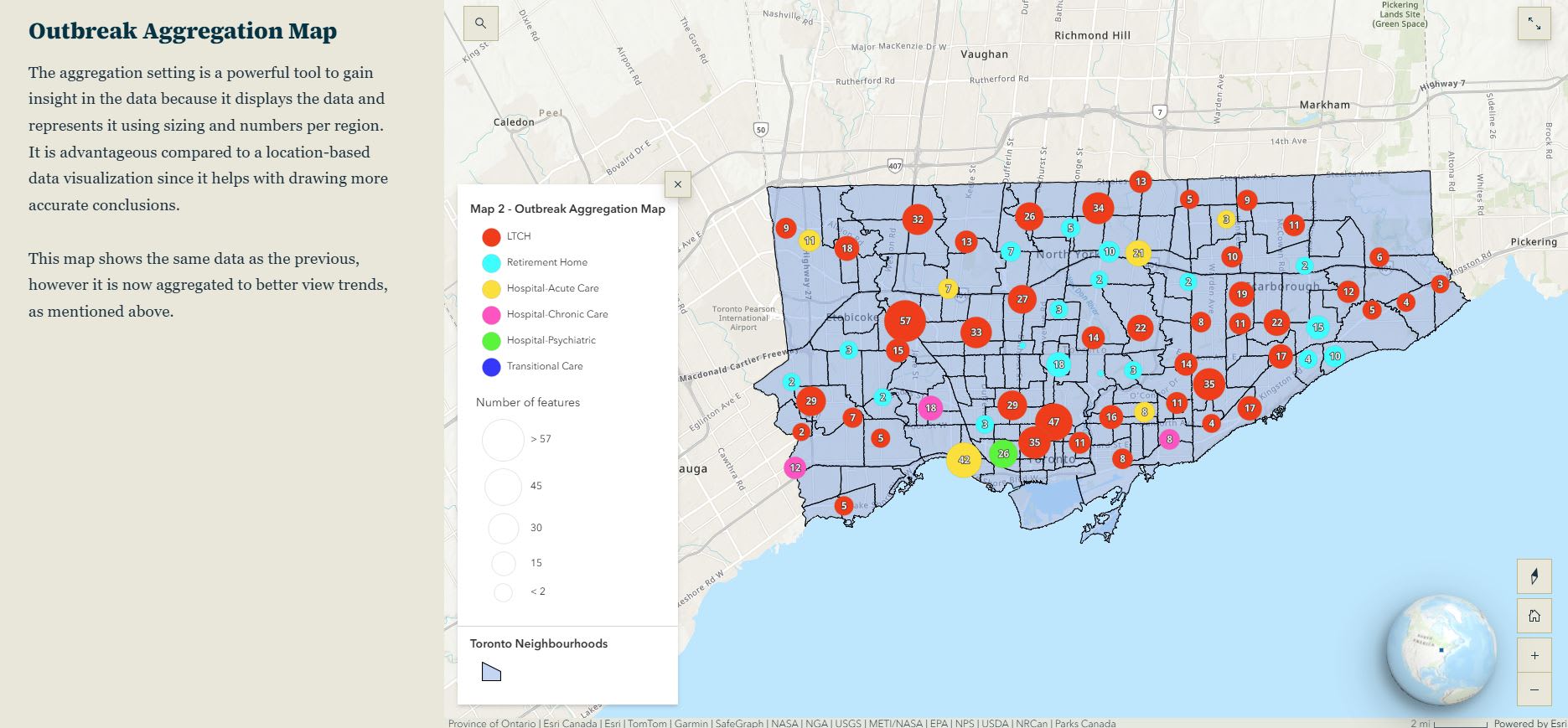 A storymap slide showing an aggregation map of outbreaks that occurred at healthcare institutions in Toronto in 2025.