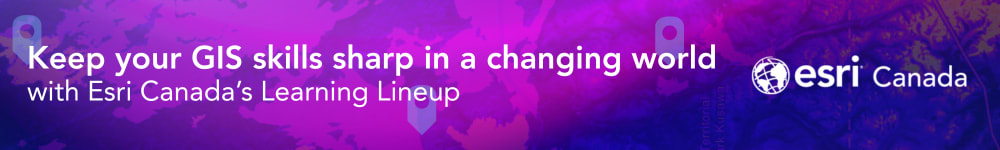 The words “Keep your GIS skills sharp in a changing world with Esri Canada’s Learning Lineup” stand out against a purple map-textured backdrop.