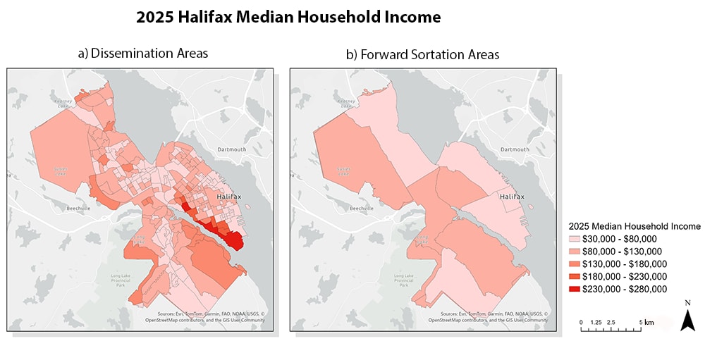 Two side-by-side choropleth maps of Halifax showing 2025 median household income. The left panel uses dissemination areas and shows detailed variation across the city, with high-income concentrations visible along the Halifax peninsula. The right panel uses forward sortation areas and shows the same data smoothed into a small number of broadly similar polygons, obscuring the variation visible at the finer scale.