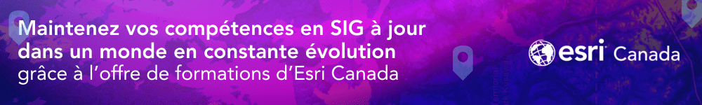 La phrase « Maintenez vos compétences en SIG à jour dans un monde en constante évolution grâce à l’offre de formations d’Esri Canada » se détache sur un fond violet texturé représentant une carte.