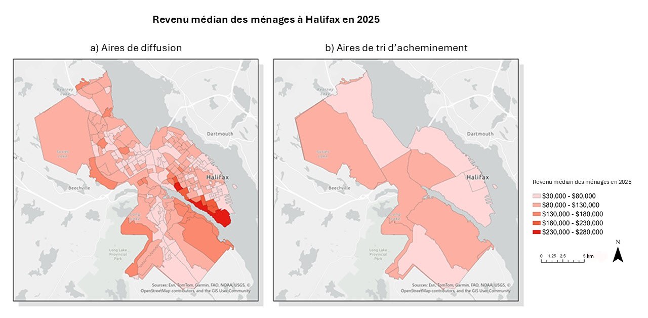Deux cartes choropl&egrave;thes de Halifax, plac&eacute;es c&ocirc;te &agrave; c&ocirc;te, illustrent le revenu m&eacute;dian des m&eacute;nages en 2025. La carte de gauche utilise les aires de diffusion et montre en d&eacute;tail les variations du revenu &agrave; l&rsquo;&eacute;chelle de la ville, notamment une concentration de revenus plus &eacute;lev&eacute;s dans la p&eacute;ninsule d&rsquo;Halifax. La carte de droite utilise les aires de tri d&rsquo;acheminement et pr&eacute;sente les m&ecirc;mes donn&eacute;es regroup&eacute;es dans un petit nombre de zones plus vastes et relativement homog&egrave;nes, ce qui masque les variations visibles &agrave; une &eacute;chelle plus fine.