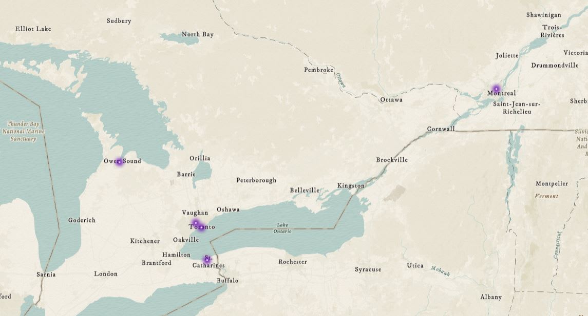 A map of locations in Eastern Canada displayed with a purple icon.