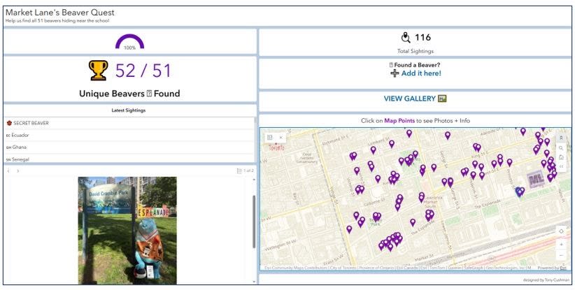 A dashboard showing the Market Lane Beaver Quest mapping game. An image of a painted beaver statue and a map are included in the dashboard.