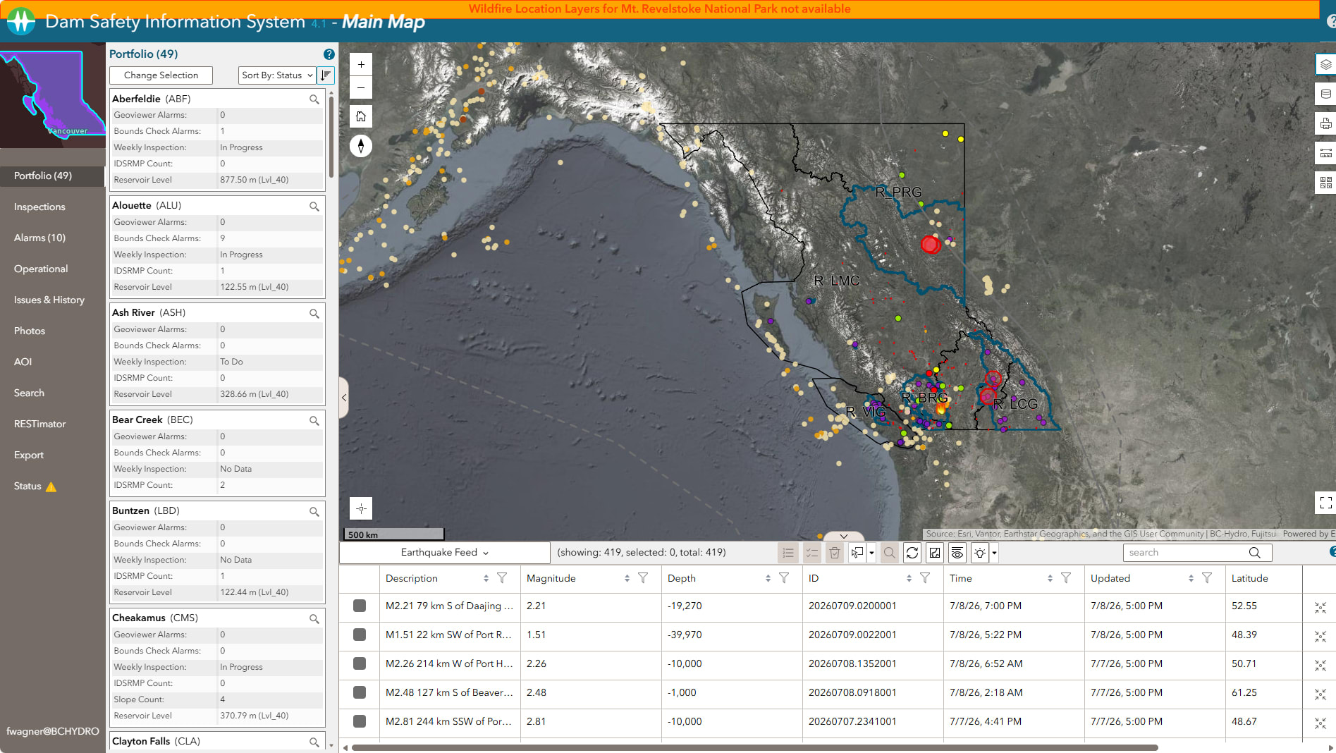 Interactive GIS dashboard used by BC Hydro Dam Safety Data Technology team