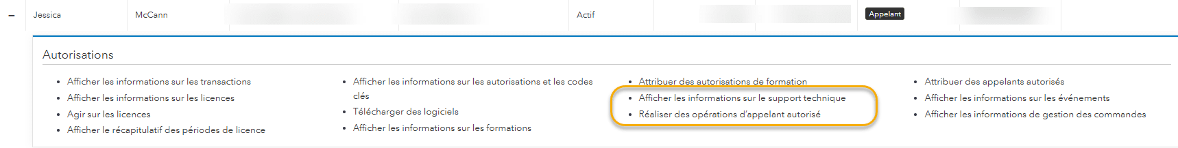Fenêtre des autorisations affichant les options View technical support information (afficher les renseignements sur l’assistance technique) et Take authorized caller actions (modifier les paramètres relatifs à la personne autorisée).