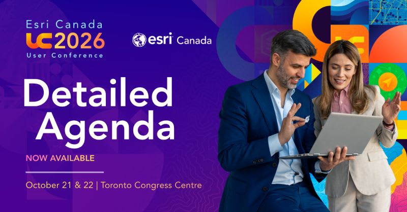 A promotional graphic for the Esri Canada UC 2026. The text announces the detailed agenda is now available.