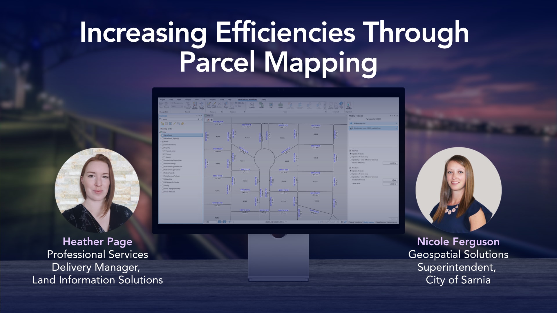Webinar titled &ldquo;Increasing Efficiencies Through Parcel Mapping.&rdquo; A computer monitor in the center displays parcel mapping. Two speaker headshots appear on either side of the monitor, with names and job titles listed below. The background shows a blurred waterfront scene at dusk.
