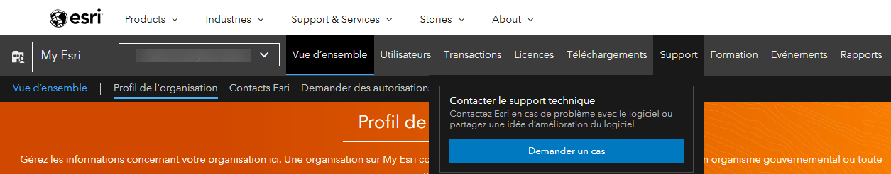 Page d&rsquo;assistance dans My Esri, sur laquelle figurent la barre d&rsquo;outils d&rsquo;assistance et le bouton Demander un cas permettant de cr&eacute;er une nouvelle demande d&rsquo;assistance technique.