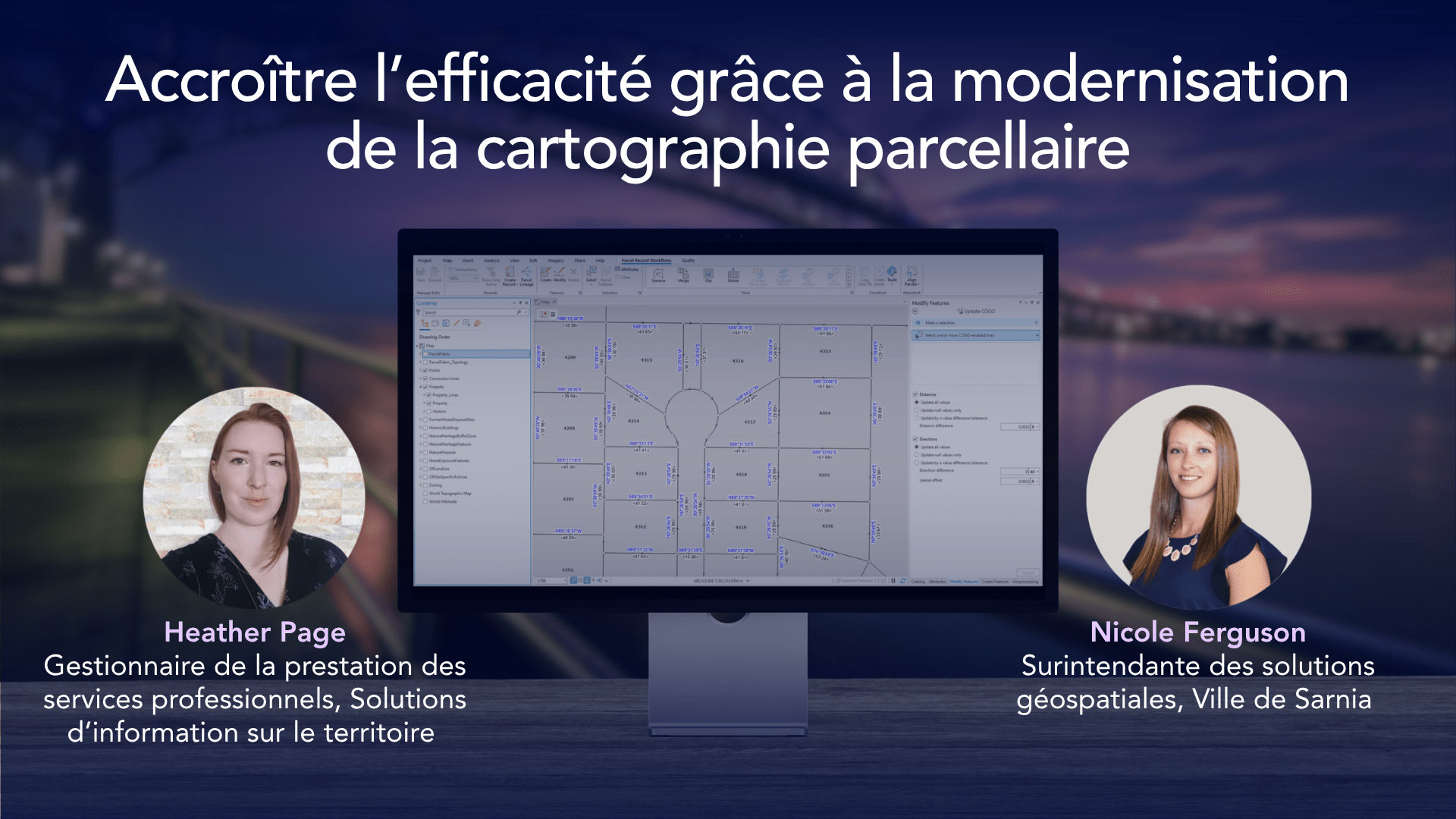 Webinaire intitul&eacute; &laquo; Accro&icirc;tre l&rsquo;efficacit&eacute; gr&acirc;ce &agrave; la modernisation de la cartographie parcellaire &raquo;. Un &eacute;cran d&rsquo;ordinateur au centre qui affiche la cartographie parcellaire. Deux portraits des conf&eacute;renci&egrave;res, affich&eacute;s de chaque c&ocirc;t&eacute; de l&rsquo;&eacute;cran avec leurs noms et leurs titres indiqu&eacute;s en dessous. L&rsquo;arri&egrave;re-plan montre une sc&egrave;ne riveraine floue au cr&eacute;puscule.