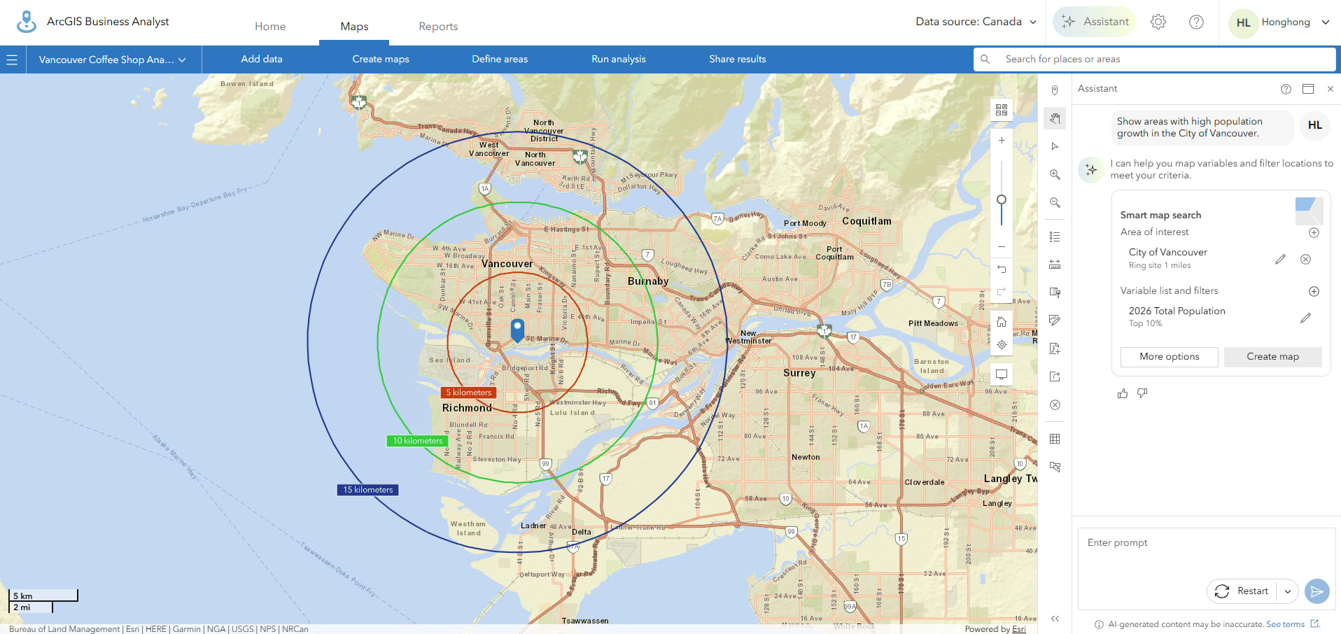 Distance rings displayed around a selected site.