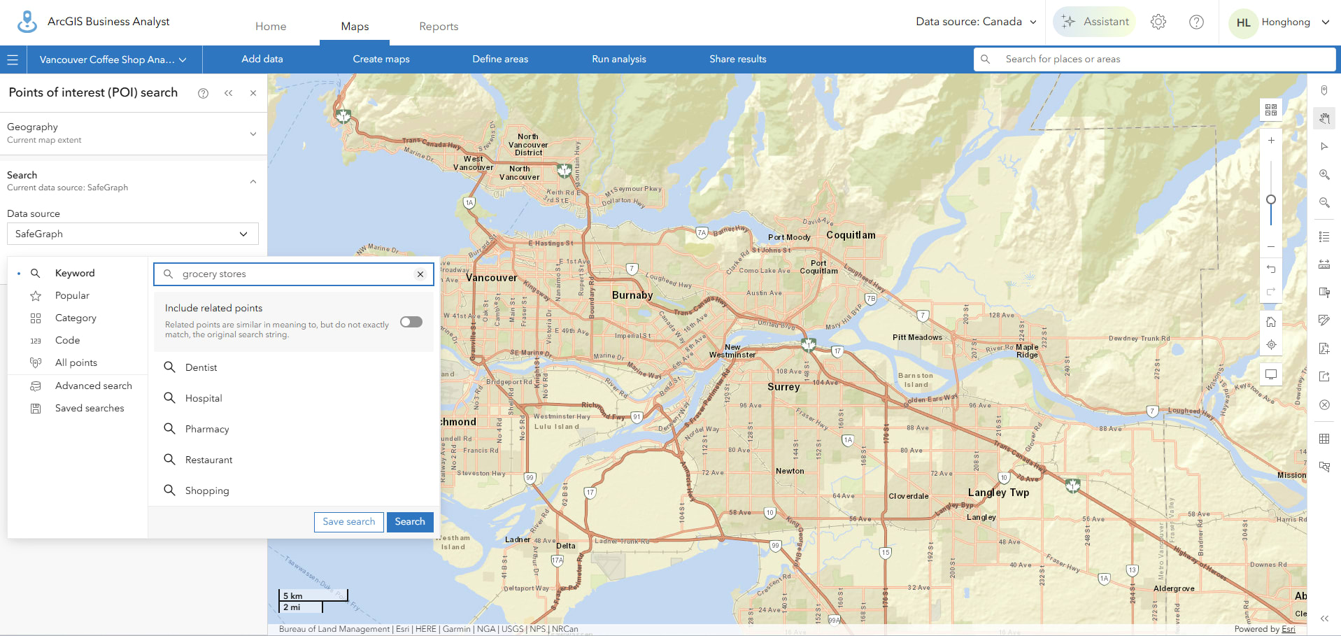 POI Search showing a grocery stores query.