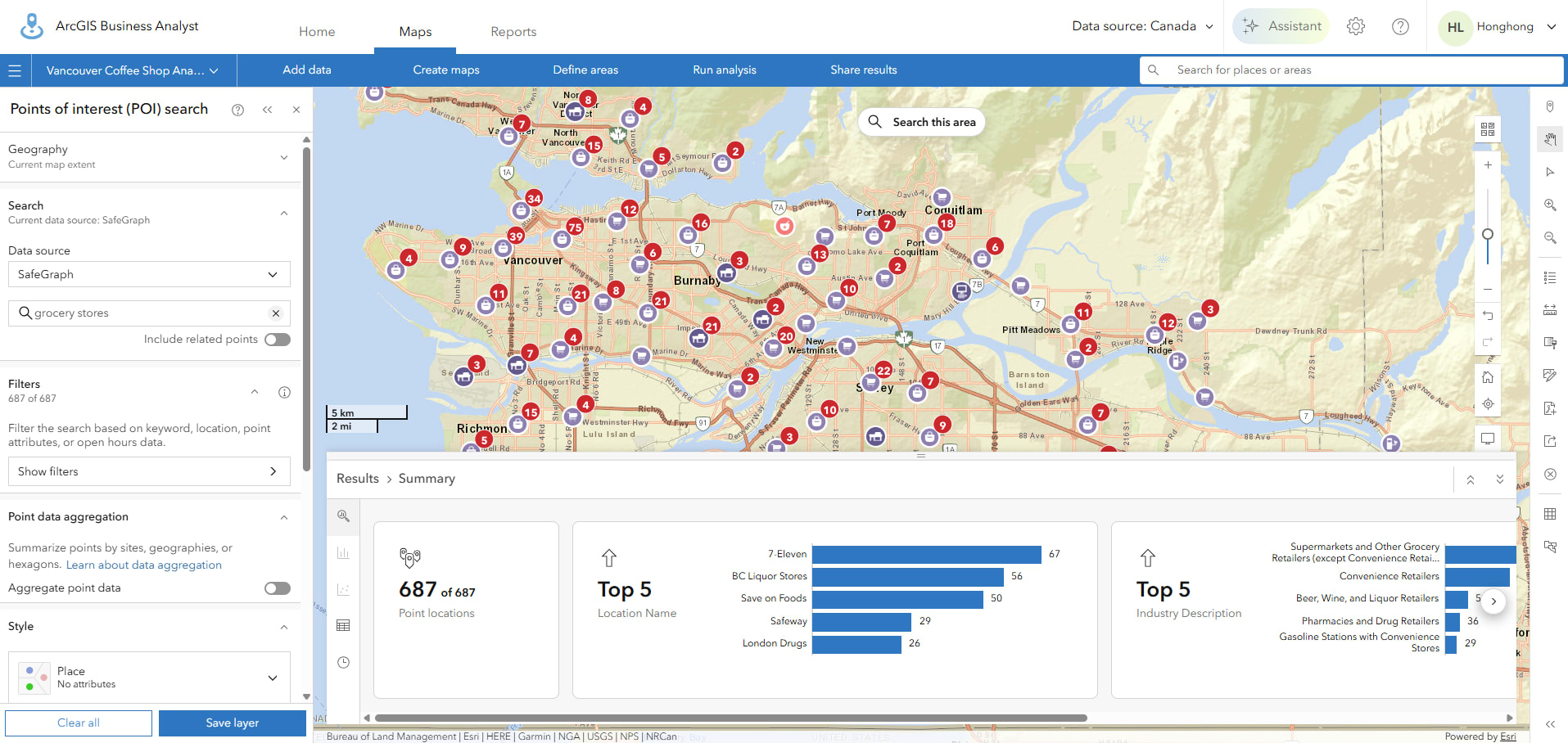 Map displaying grocery store search results.