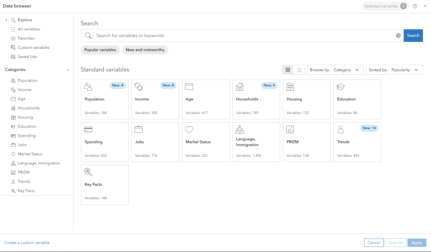 Variable options in the Data Browser.