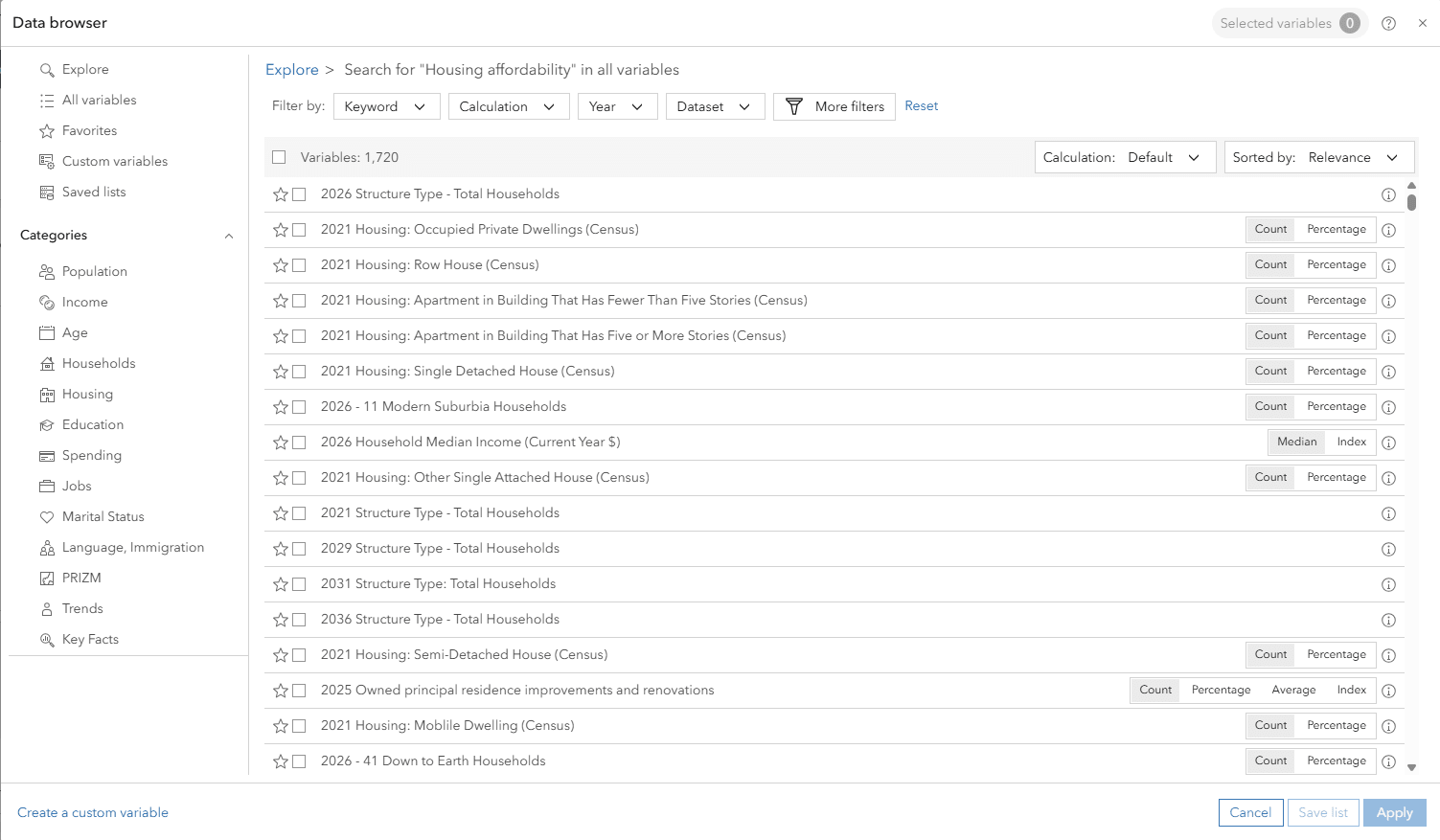 Data Browser search results for housing affordability.