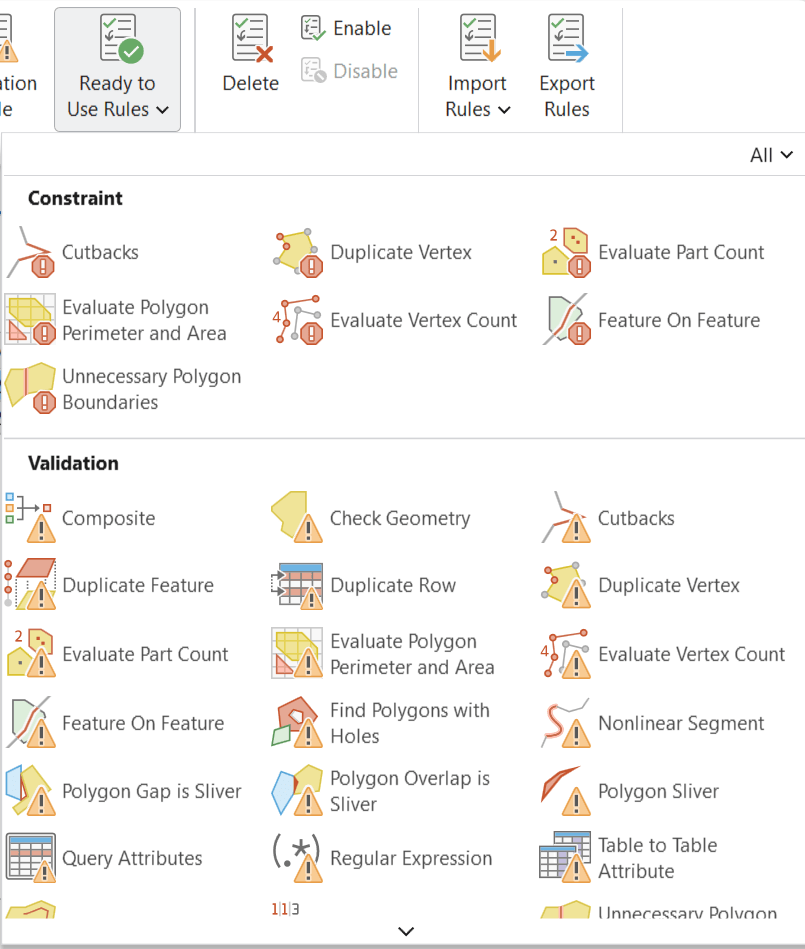 ArcGIS Pro Data Reviewer extension revealing the list of some of the ready to use rules.&nbsp;