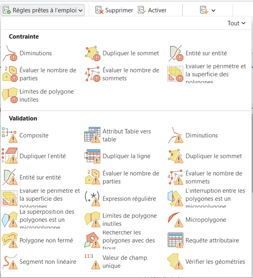 Voici une liste de certaines règles prêtes à l’emploi de l’extension ArcGIS Data Reviewer d’ArcGIS Pro.