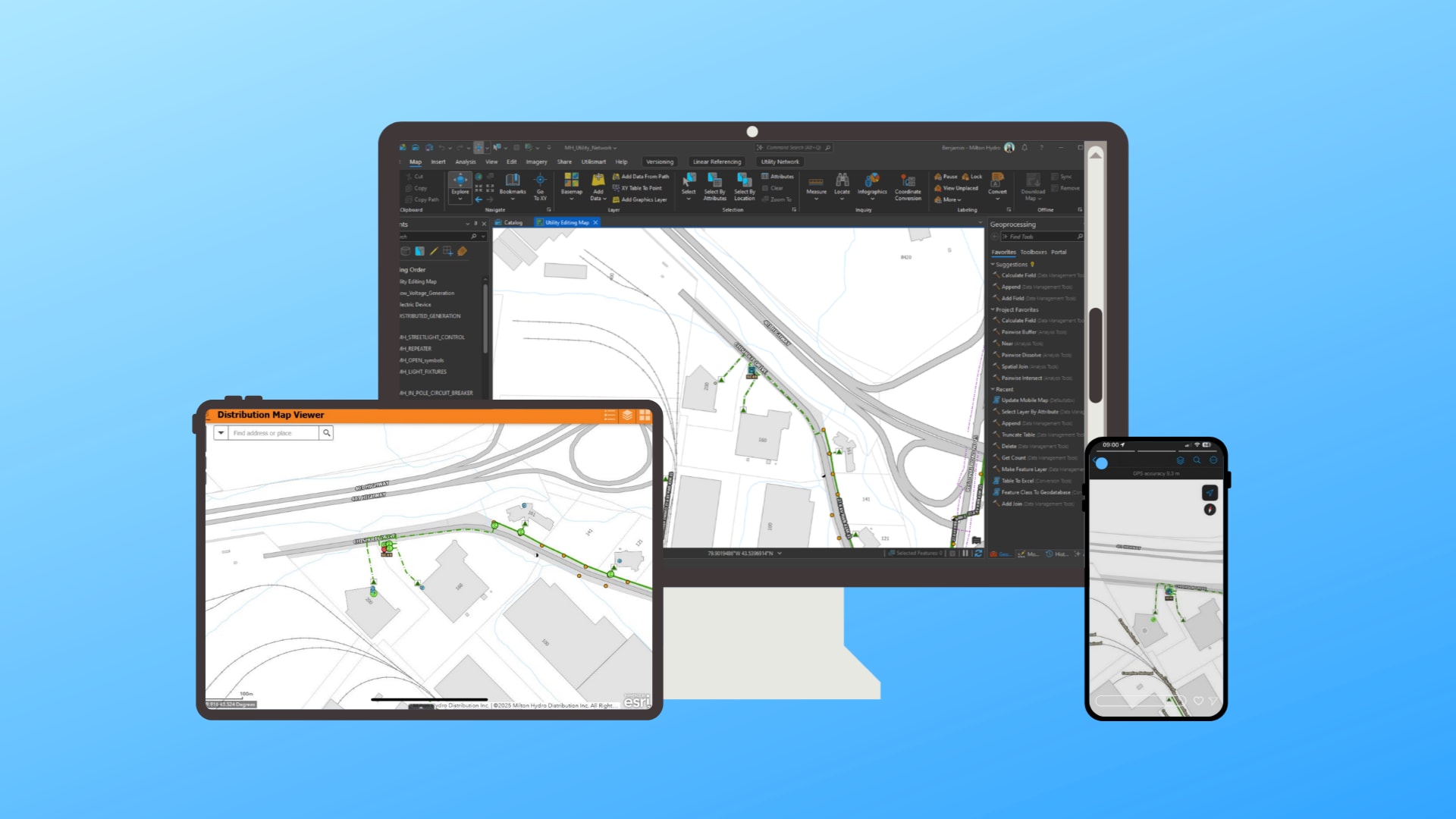 Un &eacute;cran d&rsquo;ordinateur, une tablette et un t&eacute;l&eacute;phone mobile qui affichent l&rsquo;interface de l&rsquo;outil One&nbsp;Map de Milton&nbsp;Hydro. Le m&ecirc;me fond de carte et les m&ecirc;mes couches sont visibles sur les trois&nbsp;&eacute;crans.