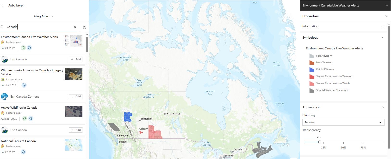 Carte du Canada présentant les alertes météorologiques en direct d’Environnement Canada.