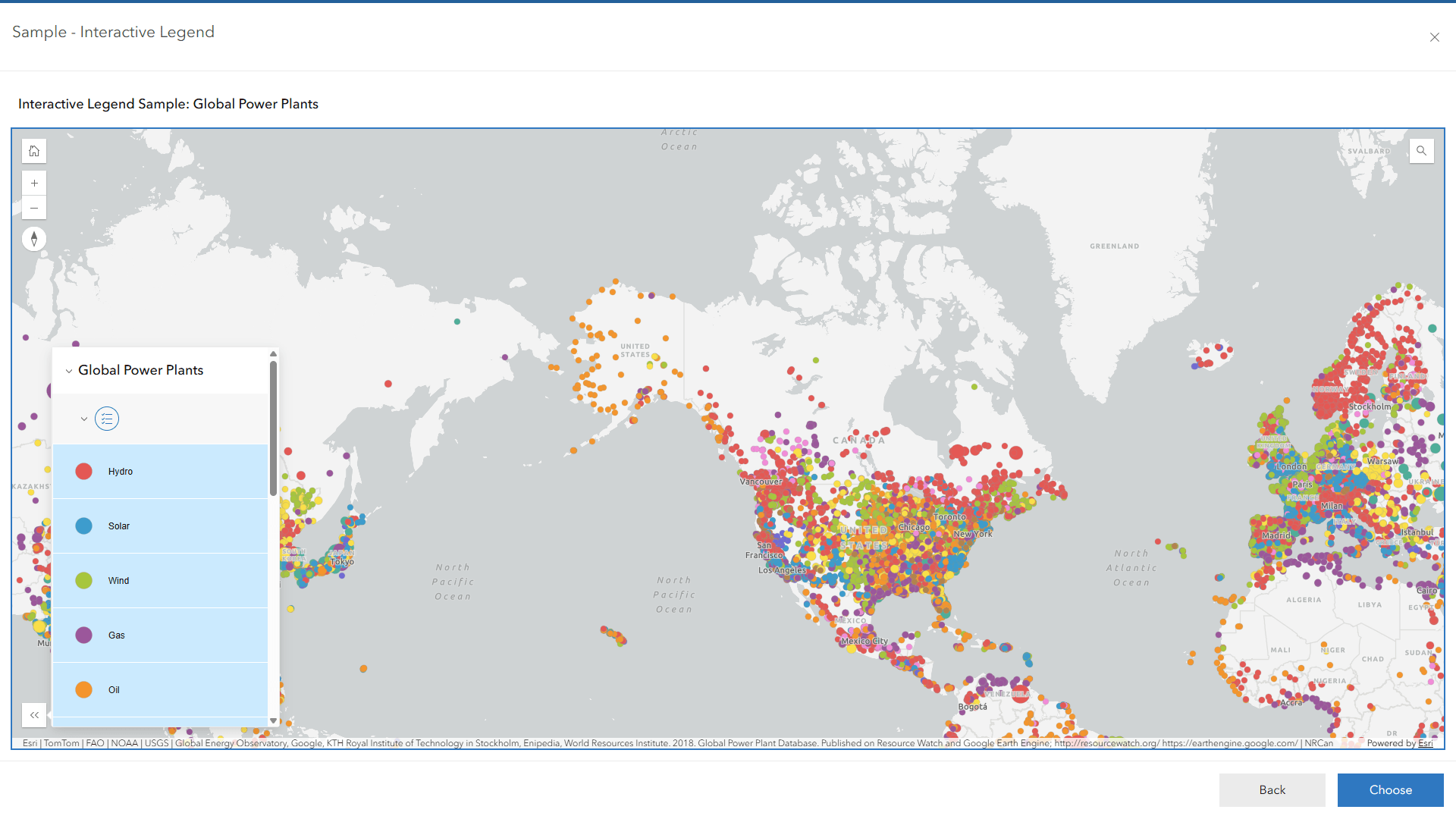 Interactive Legend app with a map of global power plants and a clickable legend.
