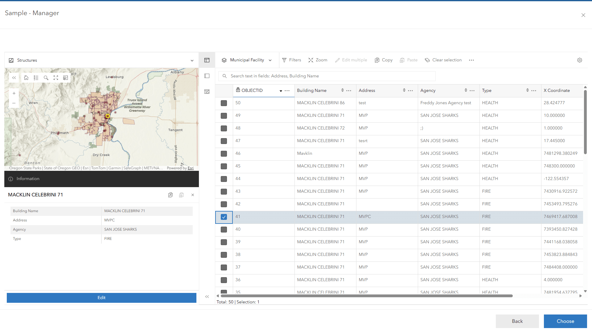 Manager app showing a map, feature details and an editable table of records.