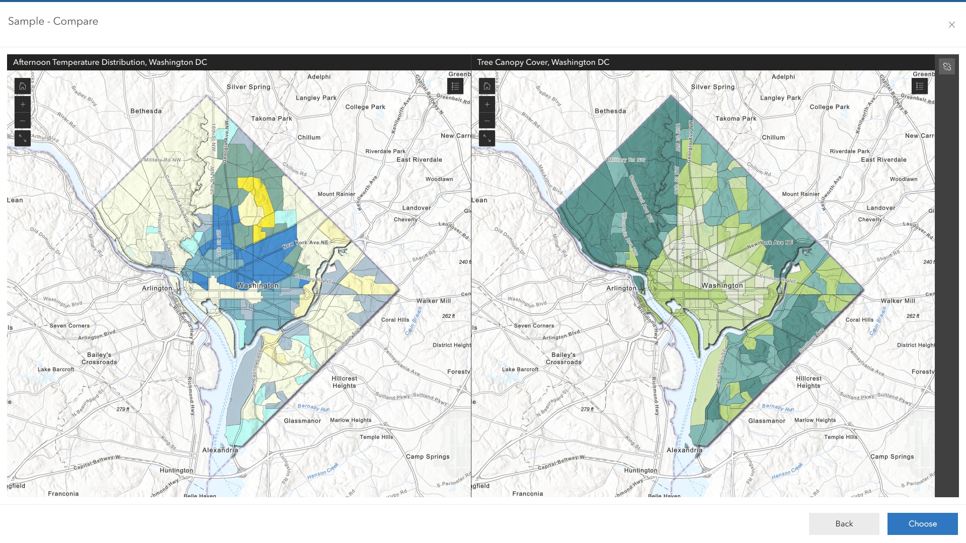 Compare app showing two maps side by side for the same area in Washington, DC.