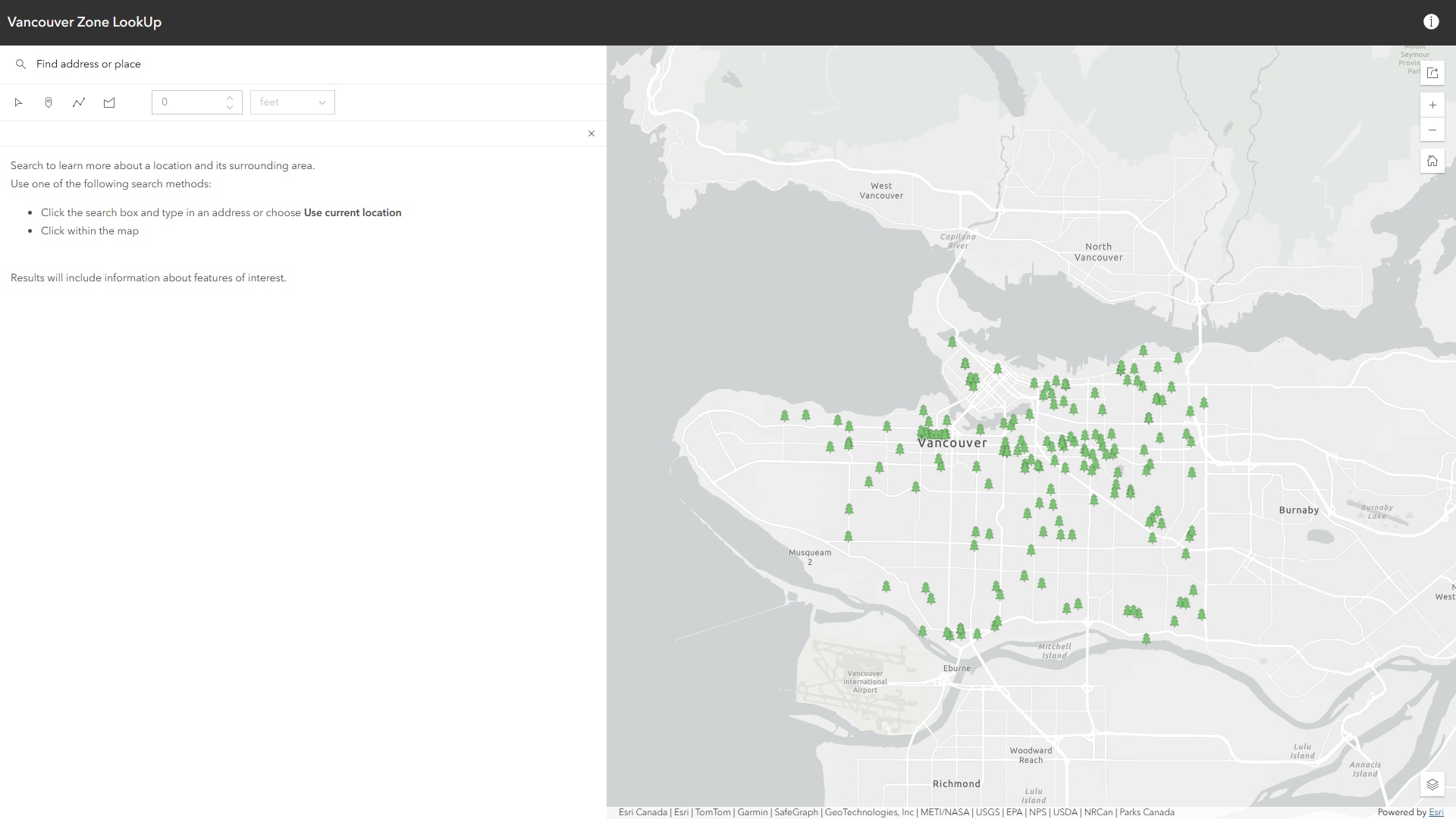 Zone Lookup app showing a location search panel and a map of Vancouver.