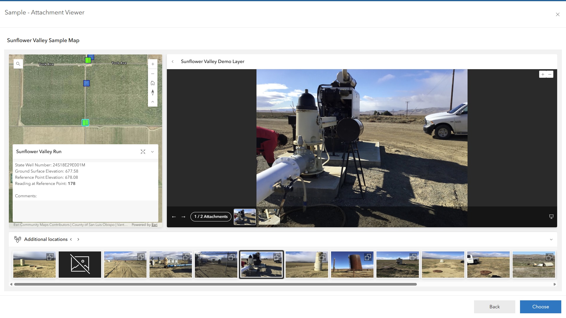 Attachment Viewer app showing a map alongside photos attached to map features.